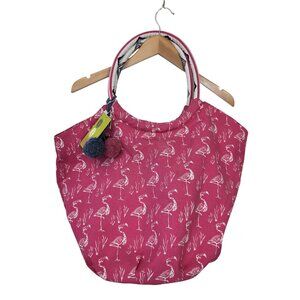 Rock Flower Paper Flamingo Print Bucket Bag Tote‎ Pink Over Shoulder Beach Vaca